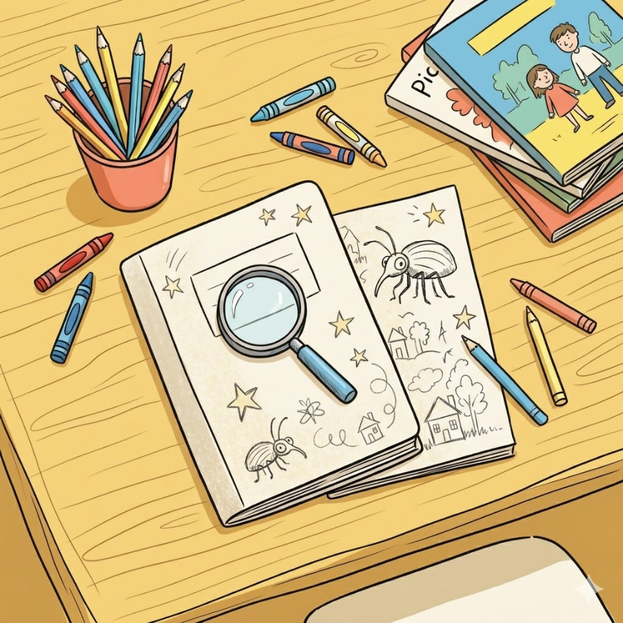 A child detective examining clues with a magnifying glass